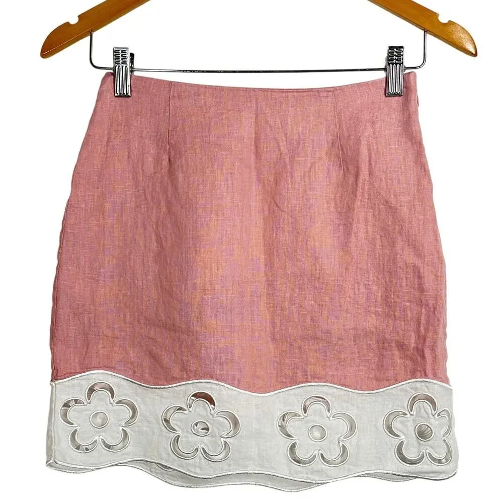 Staud Margaux Skirt Linen Floral Eyelet Embroidered Mini A-Line Pink White 10